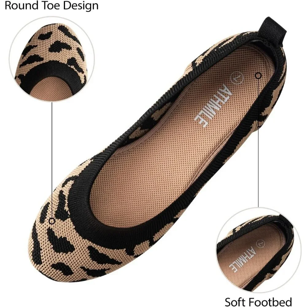 Women's Leopard Round Toe Slip On Dressy Casual Comfort Soft Flat Ballet Shoes - Picture 4 of 5